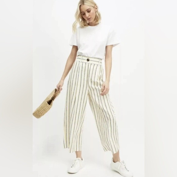 MISS SELFRIDGE Yellow Striped Crop Wide Leg Linen Style Trousers Size 4 - Picture 4 of 14